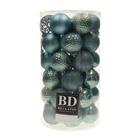 37x pcs plastic christmas baubles ice blue 6 cm incl. bead garland silver