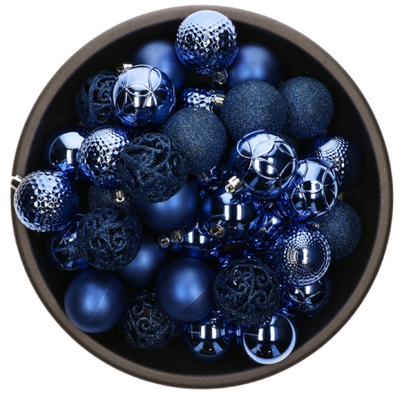 Decoris kerstballen - 74x st - kobalt blauw en ijsblauw - 6 cm - kunststof