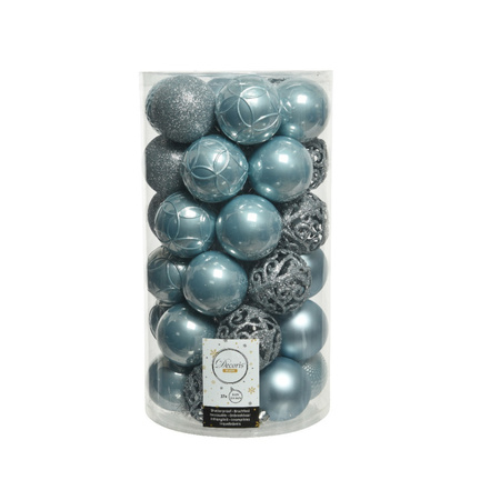 Kunststof kerstballen 74x stuks parelmoer wit en lichtblauw 6 cm