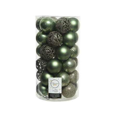 Kerstballen - 74x stuks - wol wit en mos groen - 6 cm - kunststof