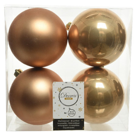 4x Kunststof kerstballen glanzend/mat camel bruin 10 cm kerstboom versiering/decoratie
