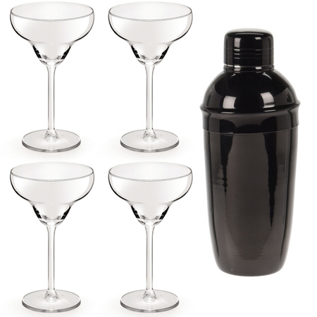 4x Cocktailglazen / Margarita glazen transparant 300 ml + Cocktailshaker zwart 500 ml RVS