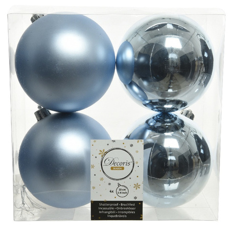 4x Light blue Christmas baubles 10 cm plastic matte/shiny