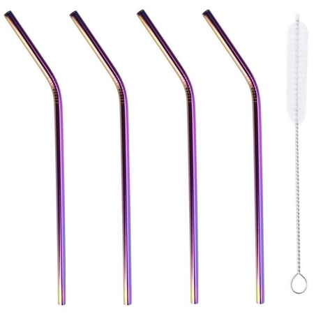 Set of 4x Gin Tonic cocktail glasses with 4x purple straws of stainless steel 
