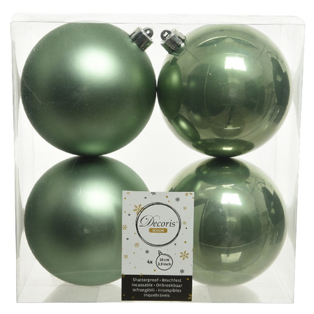 4x Sage green Christmas baubles 10 cm plastic matte/shiny