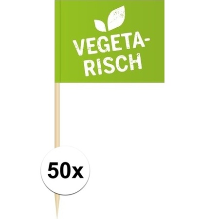 50x Vlaggetjes prikkers Vegetarisch 8 cm hout/papier