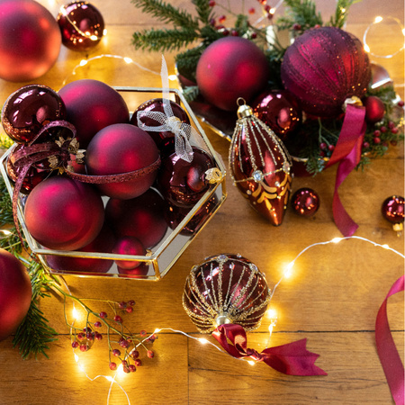 6x Glazen kerstballen glans donkerrood 8 cm kerstboom versiering/decoratie