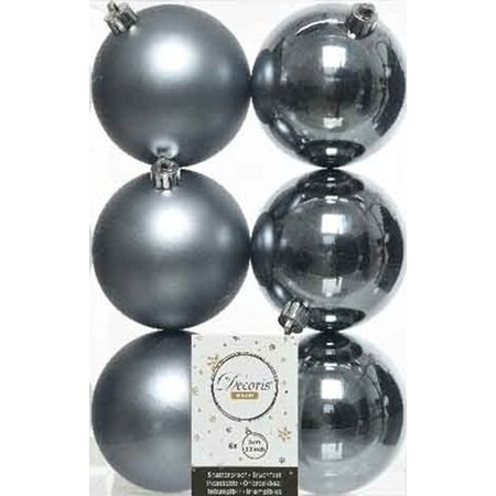 6x Kunststof kerstballen glanzend/mat grijsblauw 8 cm kerstboom versiering/decoratie