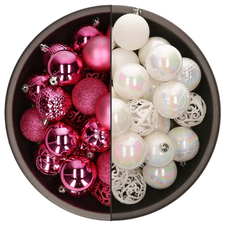 74x stuks kunststof kerstballen mix van fuchsia roze en parelmoer wit 6 cm