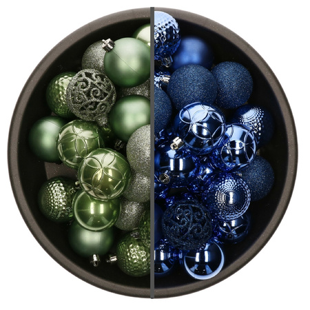 74x stuks kunststof kerstballen mix van saliegroen en kobalt blauw 6 cm
