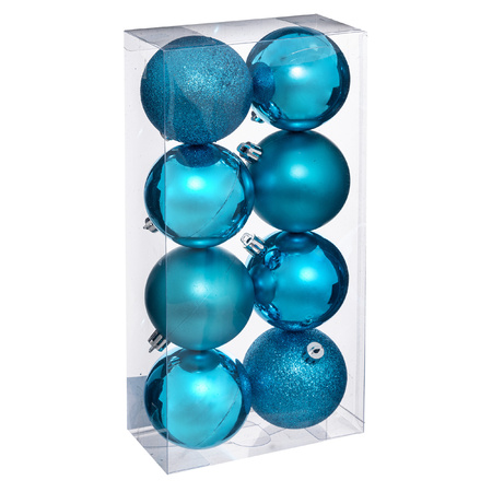 8x stuks kerstballen turquoise blauw glans en mat kunststof 7 cm