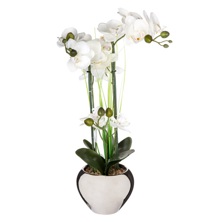 Atmosphera Orchidee bloem kunstplant - wit - H53 x B37 cm - in zilveren pot