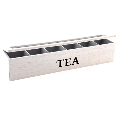 Bamboo wooden tea box white with glas lid 6-compartment 43 cm