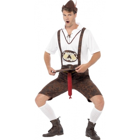Bruine funny bierfeest/oktoberfest  lederhosen verkleedkleding broek met bratwurst/braadworst voor heren