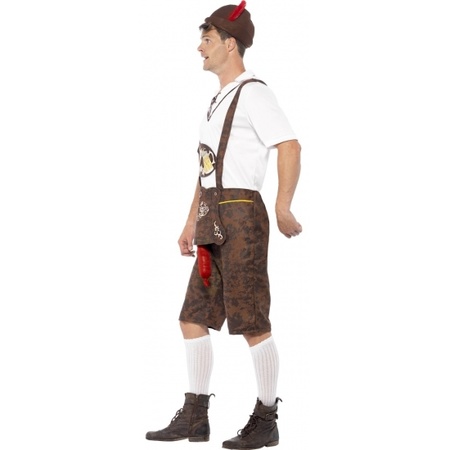 Bruine funny bierfeest/oktoberfest  lederhosen verkleedkleding broek met bratwurst/braadworst voor heren