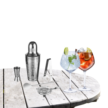 Cocktailshaker set RVS 5-delig inclusief 4x Gin Tonic glazen 730 ml
