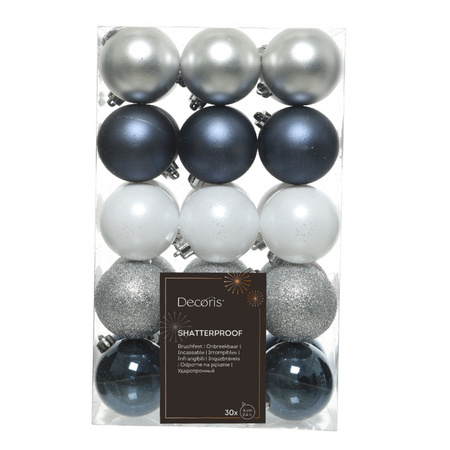 Decoris kerstballen - 30x - donkerblauw/wit/zilver - 6 cm -kunststof