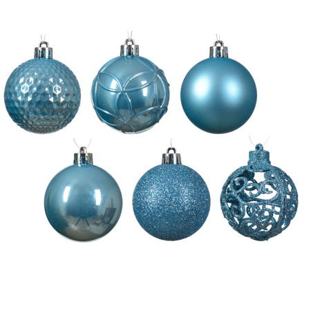 Decoris kerstballen - 74x st - donkerblauw en ijsblauw - 6 cm - kunststof