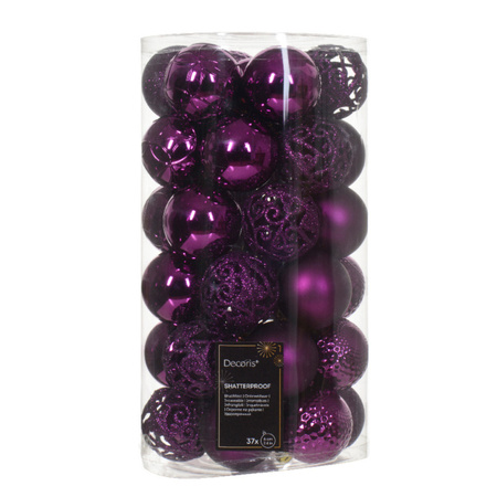 Decoris kerstballen - 74x st - wit en paars - 6 cm - kunststof