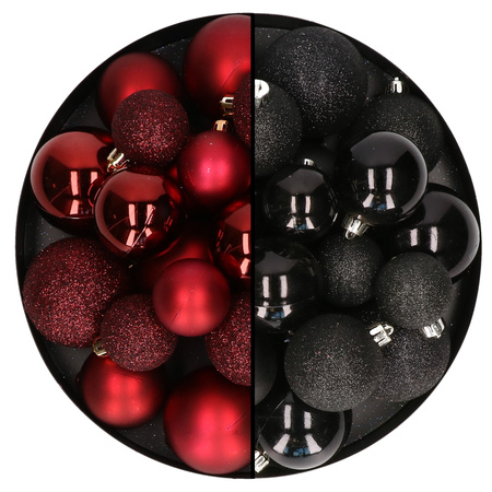 Decoris kerstballen 60x - mix donkerrood/zwart - 4-5-6 cm - kunststof