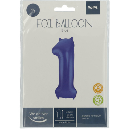 Folie ballon van cijfer 1 in het blauw 86 cm