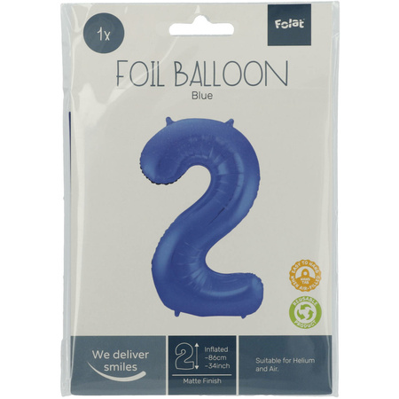 Folie ballon van cijfer 2 in het blauw 86 cm