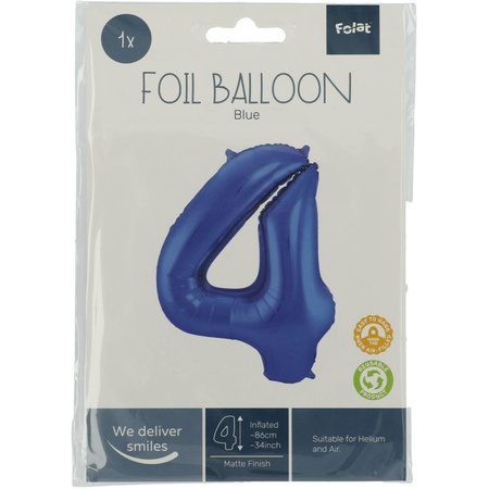 Folie ballon van cijfer 4 in het blauw 86 cm