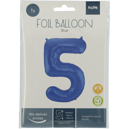Folie ballon van cijfer 5 in het blauw 86 cm