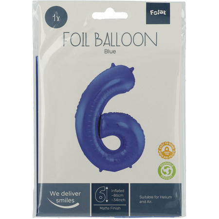Folie ballon van cijfer 6 in het blauw 86 cm