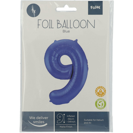 Folie ballon van cijfer 9 in het blauw 86 cm