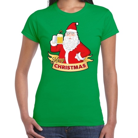 Groen kerstshirt / kerstkleding santa met pul bier voor dames