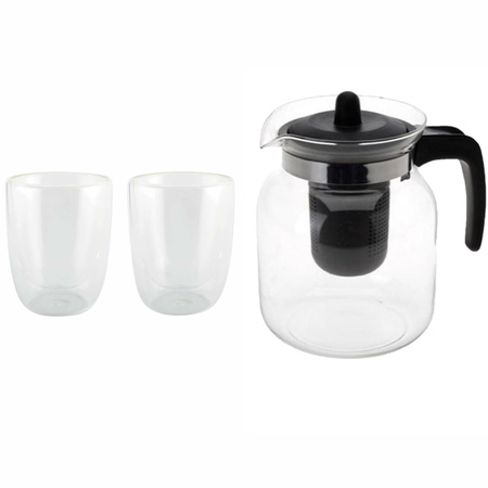 Glass teapot black with 2x heat resistent teaglasses of 300 ml