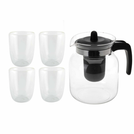 Glass teapot black with 4x heat resistent teaglasses of 300 ml