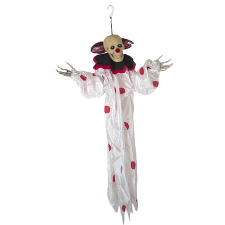 Hangdecoratie pop horror clown wit met lichtgevende ogen 90 cm