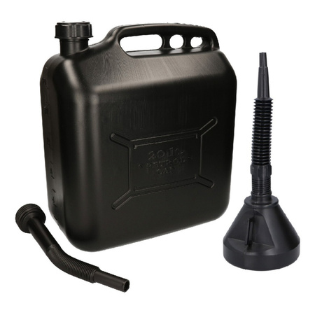 Plastic jerrycan for oil/fuel black 20 liters with handy large funnel