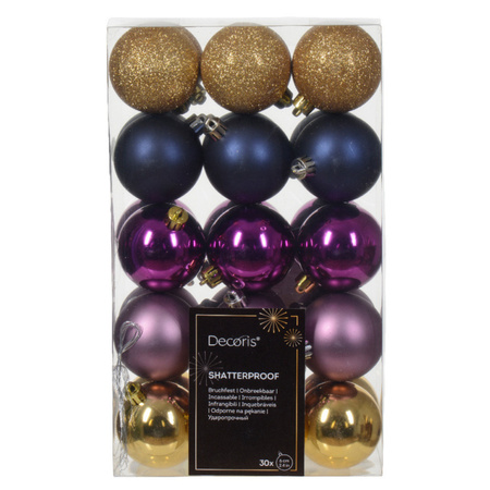 Decoris kerstballen - 30x -goud/blauw/paars - 6 cm -kunststof