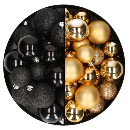 Christmas baubles - 60x - gold/black- 4/5/6 cm - plastic