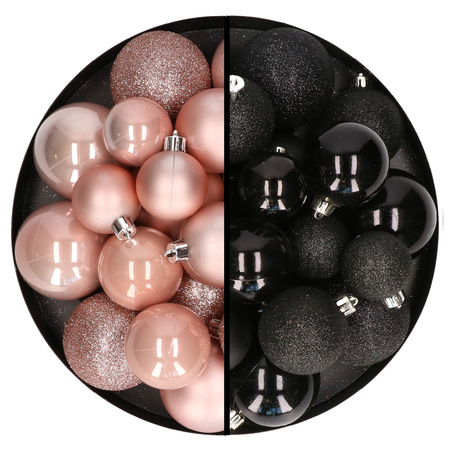 Kerstballen 60x stuks - mix lichtroze/zwart - 4-5-6 cm - kunststof