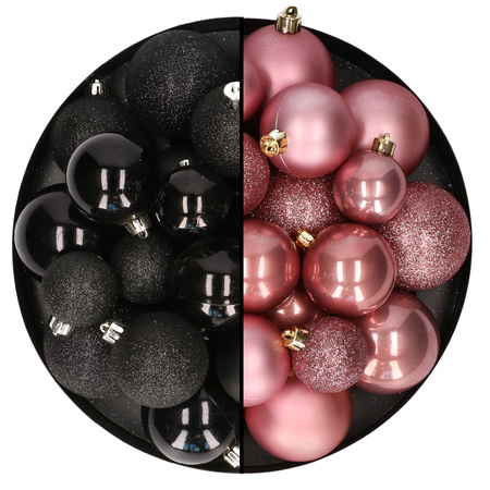 Kerstballen 60x stuks - mix oudroze/zwart - 4-5-6 cm - kunststof