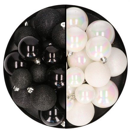 Christmas baubles - 60x - pearlescent white/black- 4/5/6 cm - plastic