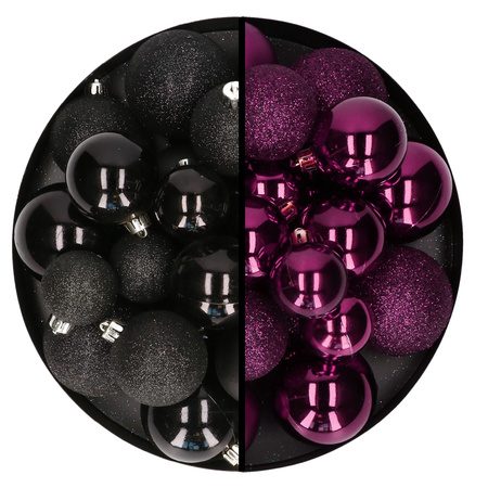 Kerstballen 60x stuks - mix zwart/paars - 4-5-6 cm - kunststof