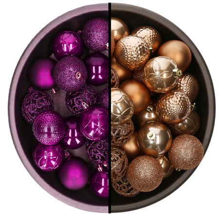 Decoris kerstballen - 74x st - camel bruin en paars - 6 cm - kunststof