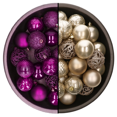 Decoris kerstballen - 74x st - champagne en paars - 6 cm - kunststof