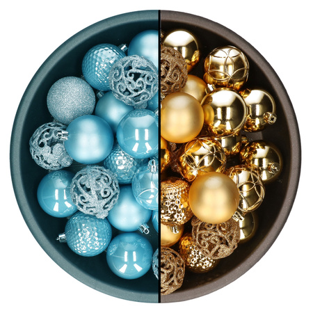 Decoris kerstballen - 74x st - goud en ijsblauw - 6 cm - kunststof
