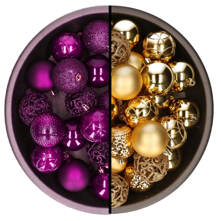 Decoris kerstballen - 74x st - goud en paars - 6 cm - kunststof