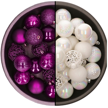 Decoris kerstballen - 74x st - parelmoer wit en paars - 6 cm - kunststof