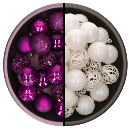 Decoris kerstballen - 74x st - wit en paars - 6 cm - kunststof