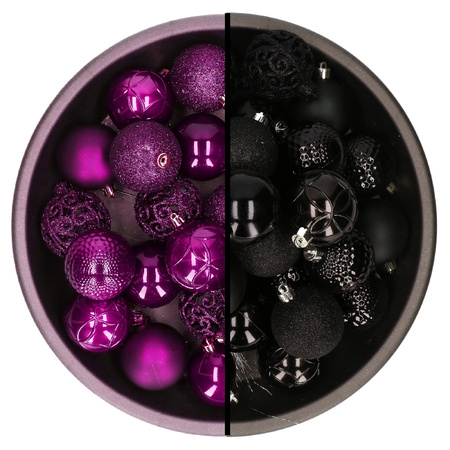 Christmas baubles - black and purple - 6 cm - plastic