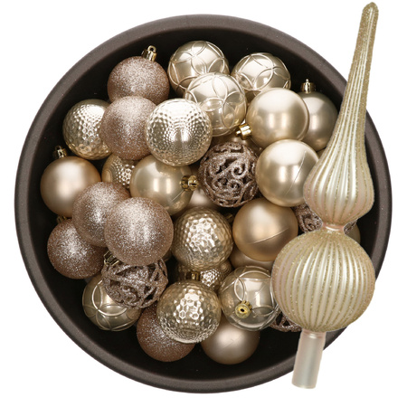 Christmas tree decoration - 38-pcs - champagne- plastic baubles and glass topper