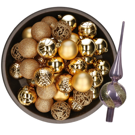 Kerstversiering- 38-dlg- goud -kunststof kerstballen en glas piek